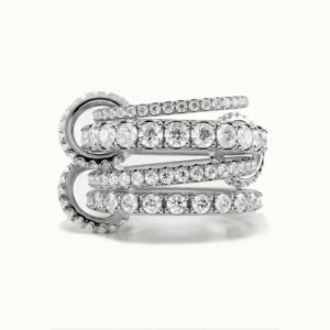 Stacked diamond silver ring multi-layer pavé design flat lay front view on plain white background luxury jewelry