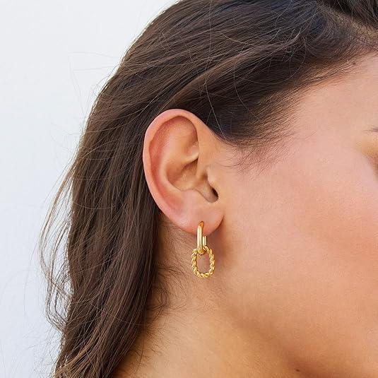 Miniature 18K gold dual linked hoop earrings close-up on ear, showing fine textured rope design and smooth finish, water-resistant jewelry