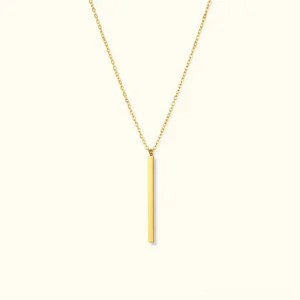 14K gold bar necklace flat lay front view on light background minimalist pendant jewelry