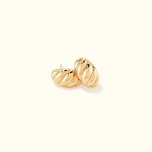 14K gold croissant huggie earrings with twisted ridged design, flat lay product view on clean background