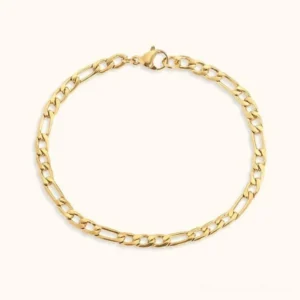 14K gold plated figaro chain bracelet 4mm width top-down view polished gold finish