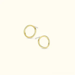 14K gold open hoop stud earrings flat lay top-down view on beige background showing polished hollow circular design
