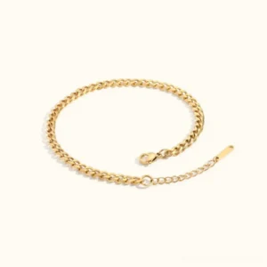 14K gold plated curb chain anklet flat lay overhead view with extender clasp