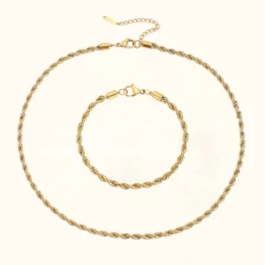 14K gold rope chain necklace and bracelet bundle set displayed on white background with twisted rope texture detail flat lay product photography