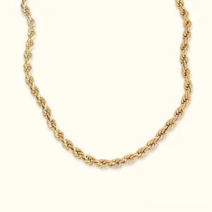 14K gold twisted rope chain necklace front flat lay view, showcasing warm lustrous finish and intricate rope texture on neutral background