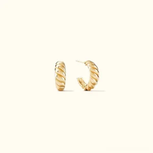 14K gold twisted croissant arc hoop earrings flat lay front view on neutral background