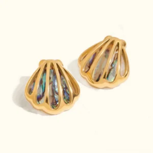 18K gold abalone shell stud earrings flat lay view premium jewelry collection