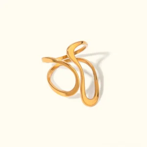 18K gold abstract open ring minimalist design front view flat lay solid background polished geometric statement jewelry