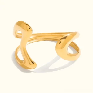 18K gold sculptured open cuff bangle with abstract fluid curved design, polished golden finish, flat lay top view on white background
