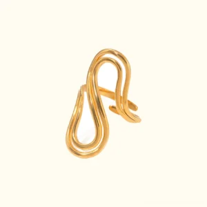 Abstract swirl gold open ring front view polished finish flat lay elegant sculptural design