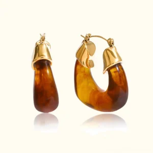 18k gold chunky amber tortoiseshell enamel hoop earrings flat lay with smooth resin finish