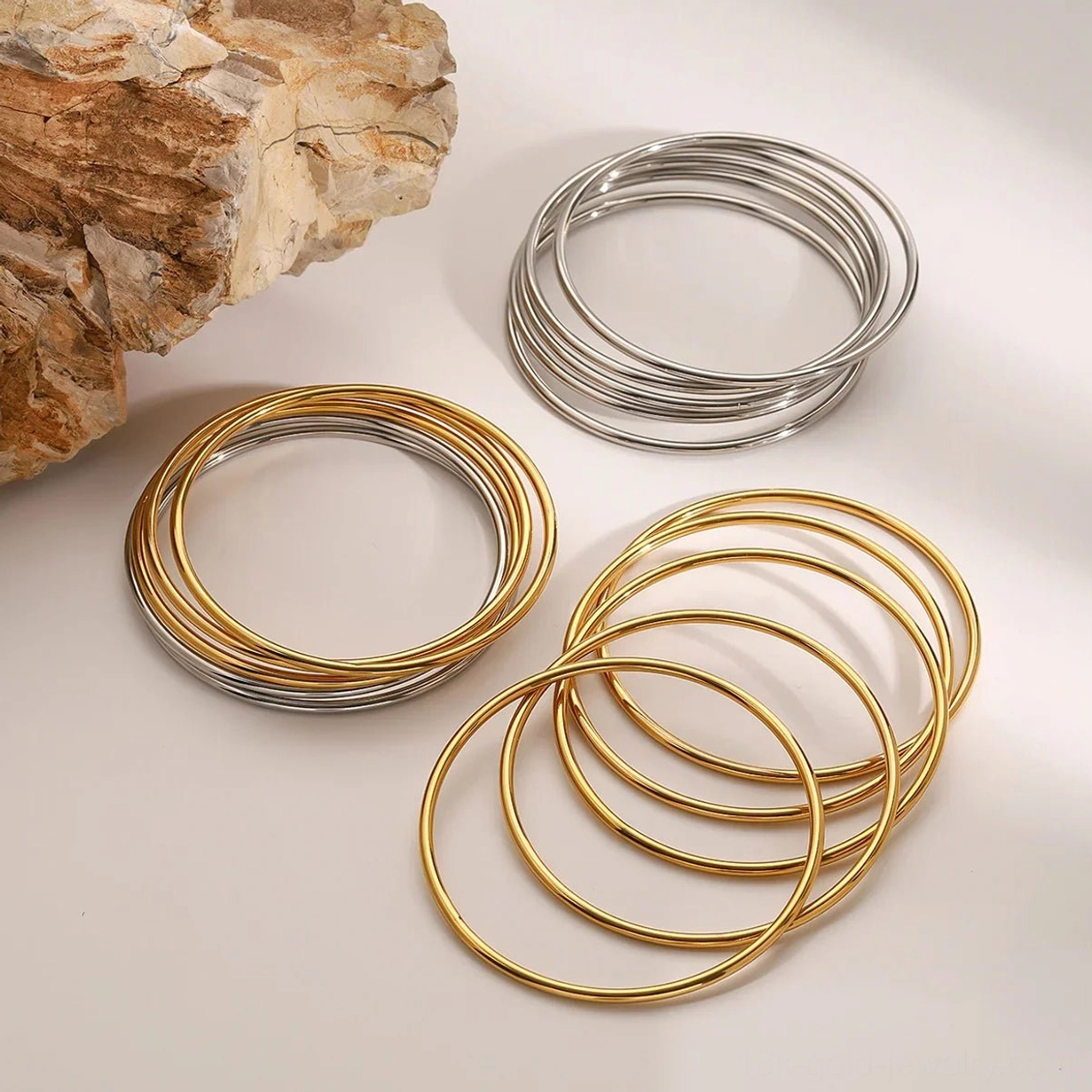 Slim polished gold bangles - water-resistant hypoallergenic bracelet set
