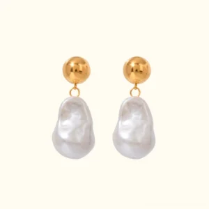 18K gold baroque pearl drop earrings front flat lay view showcasing pristine white freshwater pearls with gold studs