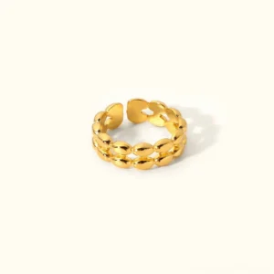 18K gold beaded chain open cuff ring flat lay - polished gold linked chain design adjustable