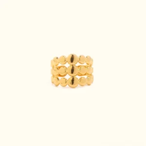 18K gold beaded open ring with triple-layered polished round beads in adjustable cuff design, flat lay studio view