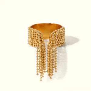18K gold beaded tassel open cuff ring flat lay top view polished finish