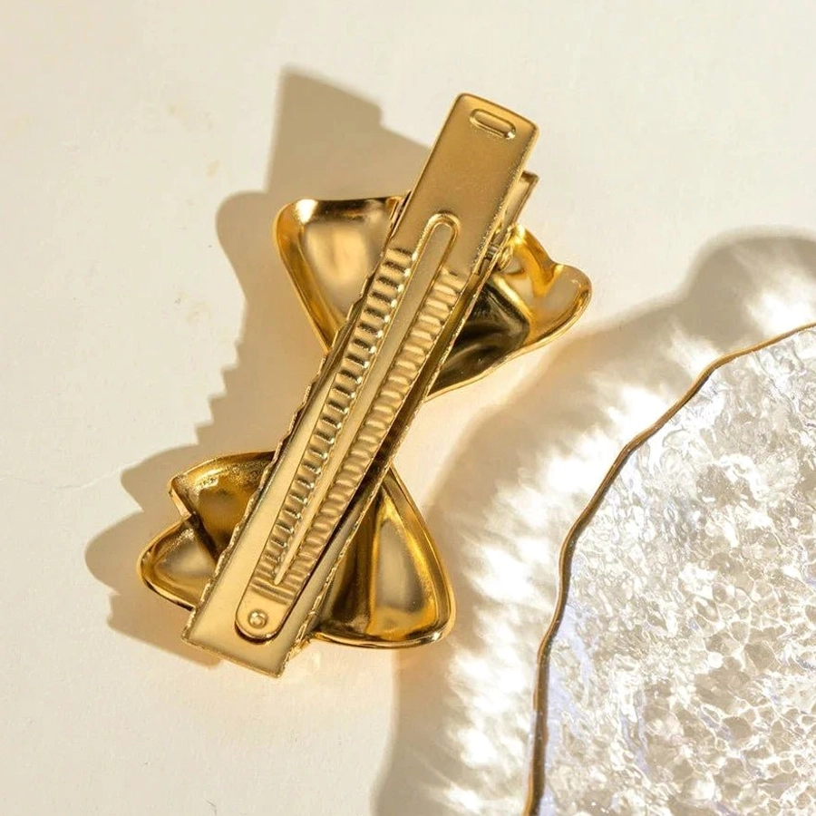 18K gold bow hair clip back view spring mechanism polished golden metal hair grip