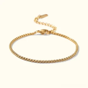 18K gold box chain bracelet delicate flat lay top-down view polished golden finish adjustable extension chain lobster clasp