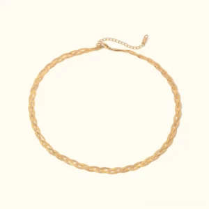 18K gold braided choker necklace with twisted flat chain design displayed on neutral background, overhead flat lay view showing complete adjustable extender clasp