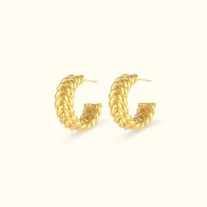 18K gold braided hoop earrings front flat lay view showcasing twisted wheat texture golden tone C-shaped design
