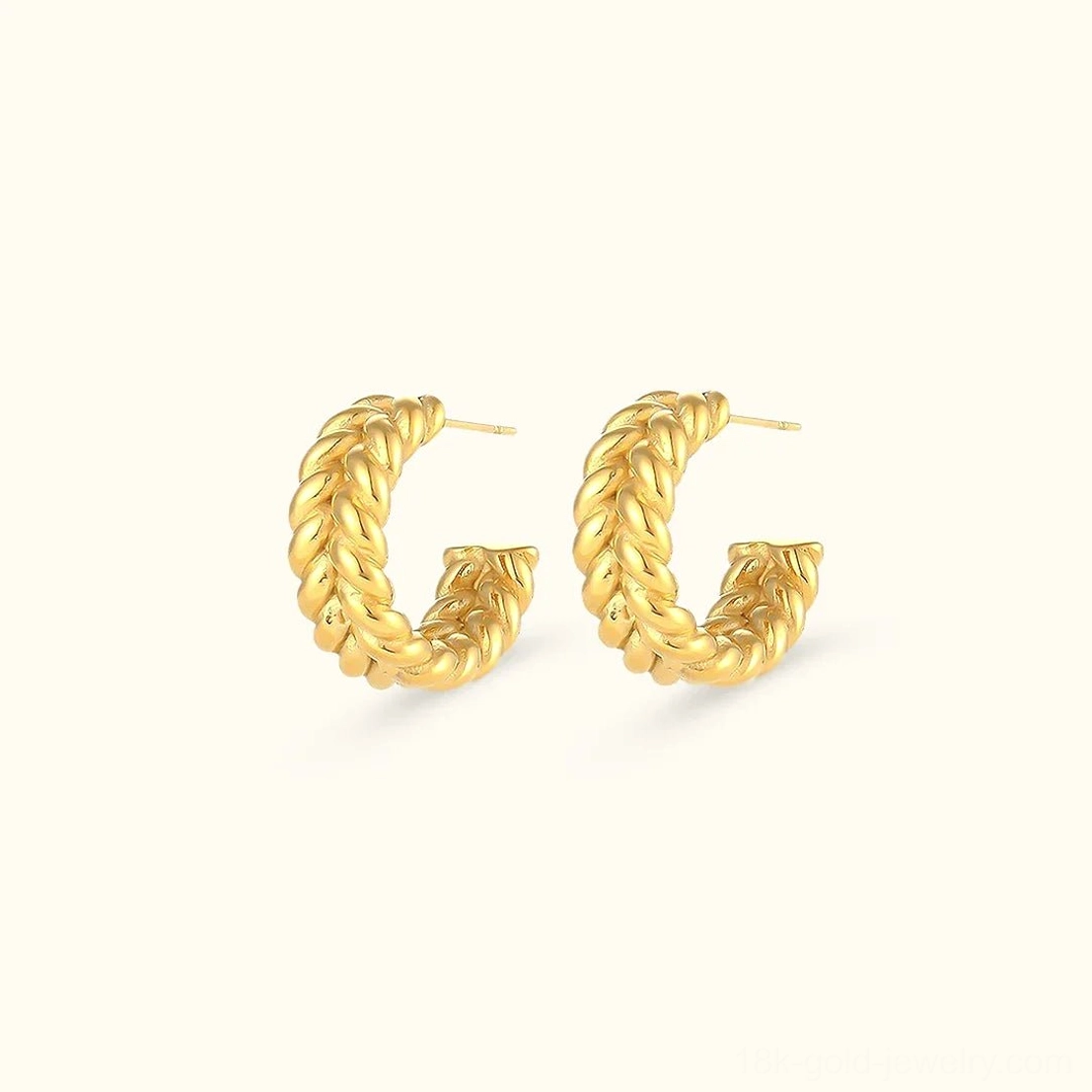 18K gold braided hoop earrings front flat lay view showcasing twisted wheat texture golden tone C-shaped design