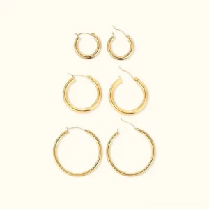 18K gold broad round hoop earrings set of three sizes small medium large polished finish top-down view