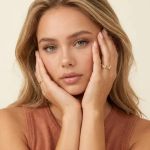 Women wearing 18K gold butterfly ring on middle finger paired with thin gold band close-up portrait