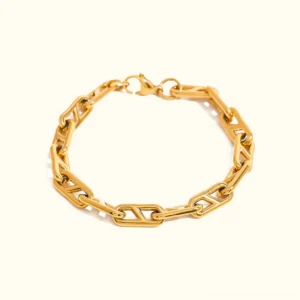 18K gold chain bracelet with hollow interlocking links flat lay view on white background, featuring geometric design and lobster claw clasp