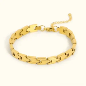 18K gold chain bracelet overhead flat lay white background rectangular link design adjustable extension