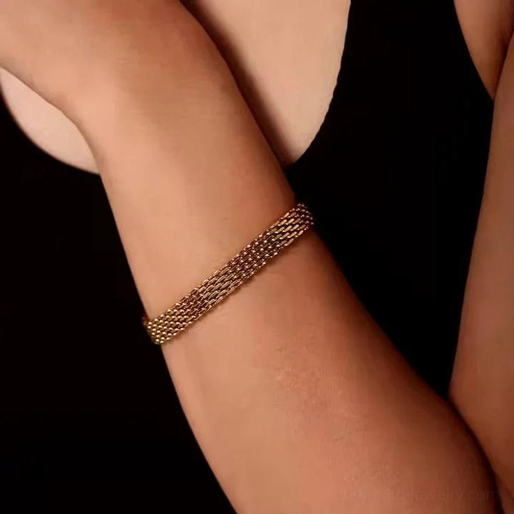 18K Gold Woven Multi-Link Chain Bracelet - Side Profile Close-Up Detail Shot