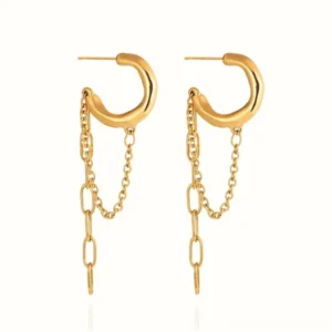 18K gold chain link hoop earrings front view flat lay geometric design