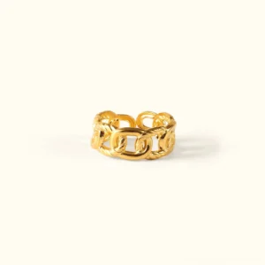 18K gold chain link open ring - top-down flat lay view showcasing polished luxurious gold finish and linked chain textured open band design on clean background