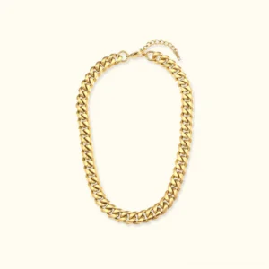18K gold chunky curb chain necklace flat lay front view, thick interlocking links with polished gold finish, extension chain visible on light background
