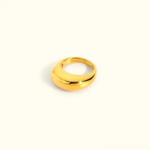 18K gold chunky dome ring top-down flat lay view, polished bright gold rounded band on white background