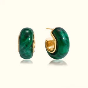 Marbled green enamel chunky hoop earrings with 18K gold trim, front flat lay studio shot