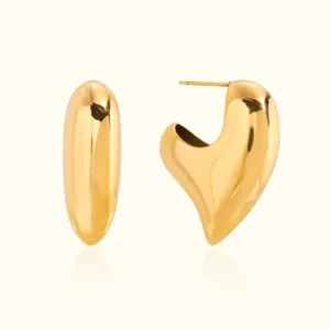18K gold chunky heart hoop earrings front flat lay view polished finish asymmetric heart design
