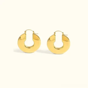 18K gold chunky hoop earrings front flat lay view polished smooth surface hollow U-shaped design light background