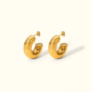 18K gold chunky hoop earrings front view polished finish thick hollow design statement jewelry