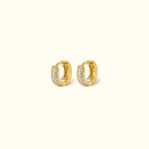 18K gold chunky pavé huggie earrings small 6mm size front flat display cubic zirconia