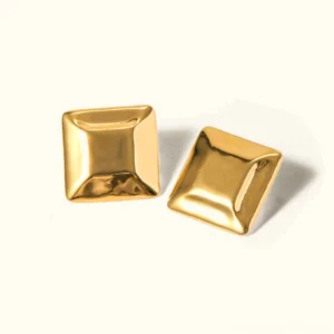 18K gold chunky pillow stud earrings flat lay top view polished square padded gold tone