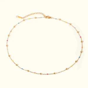 18K gold colorful enamel bead station necklace flat lay with extender clasp on white background