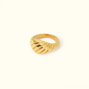 18K gold croissant ring front flat lay view polished dome band statement ring twisted ribbed design