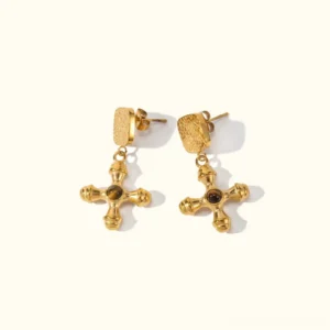 18K gold cross drop earrings with diamond accent featuring textured square stud and polished gold finish on clean background