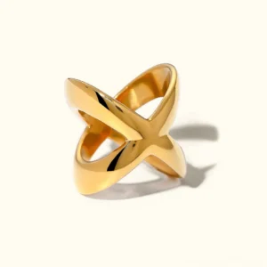 18K gold cross ring crisscross X-shaped design front three-quarter view polished bright gold finish premium jewelry