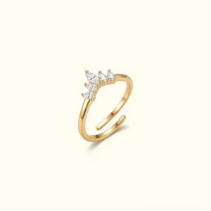 18K Gold Crown Diamond Ring adjustable open band flat lay front view with clear marquise stones