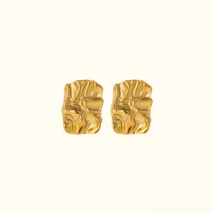 18K gold crumpled rectangular stud earrings front view flat lay with wrinkled hammered texture and glossy finish