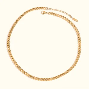 18k gold cuban link chain necklace polished finish flat lay view with adjustable extender clasp