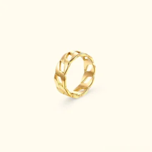 18K gold cuban link ring flat lay top view polished finish minimalist chain design