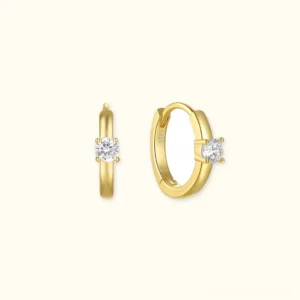 18K Gold CZ Huggie Hoop Earrings front flat lay view polished finish minimalist design