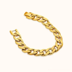 18k gold curb chain bracelet side flat lay view polished finish white background